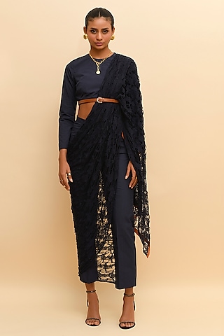 Blue Modal Pleated Draped Pant Saree by RdotY by Rishi & Vibhuti