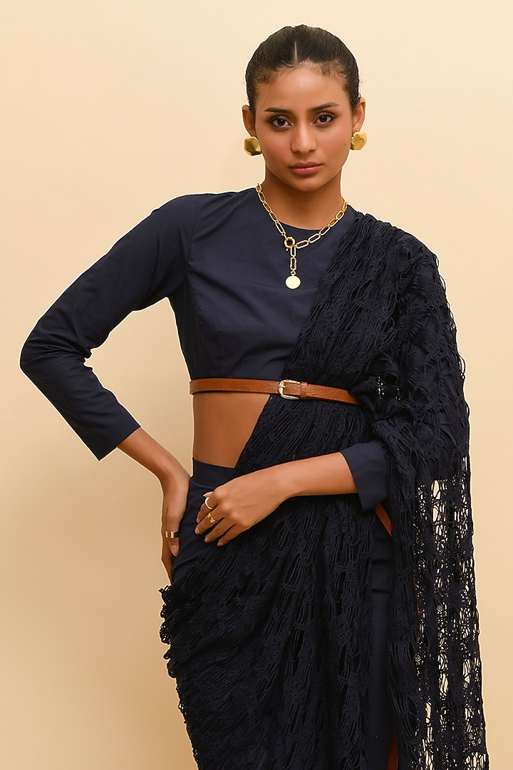 Blue Modal Pleated Draped Pant Party Wear Saree by RdotY by Rishi & Vibhuti at Pernia's Pop Up Shop