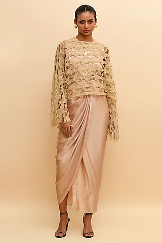 Beige Mesh Bodysuit With Overlay by RdotY by Rishi & Vibhuti
