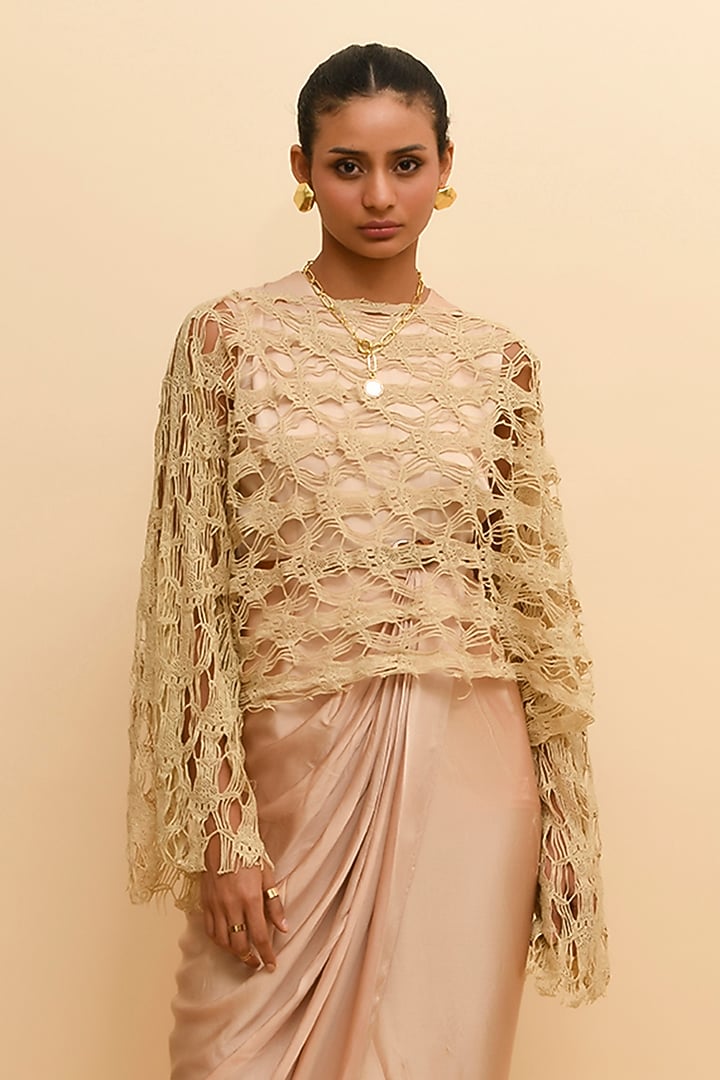 Beige Mesh Bodysuit With Overlay by RdotY by Rishi & Vibhuti at Pernia's Pop Up Shop