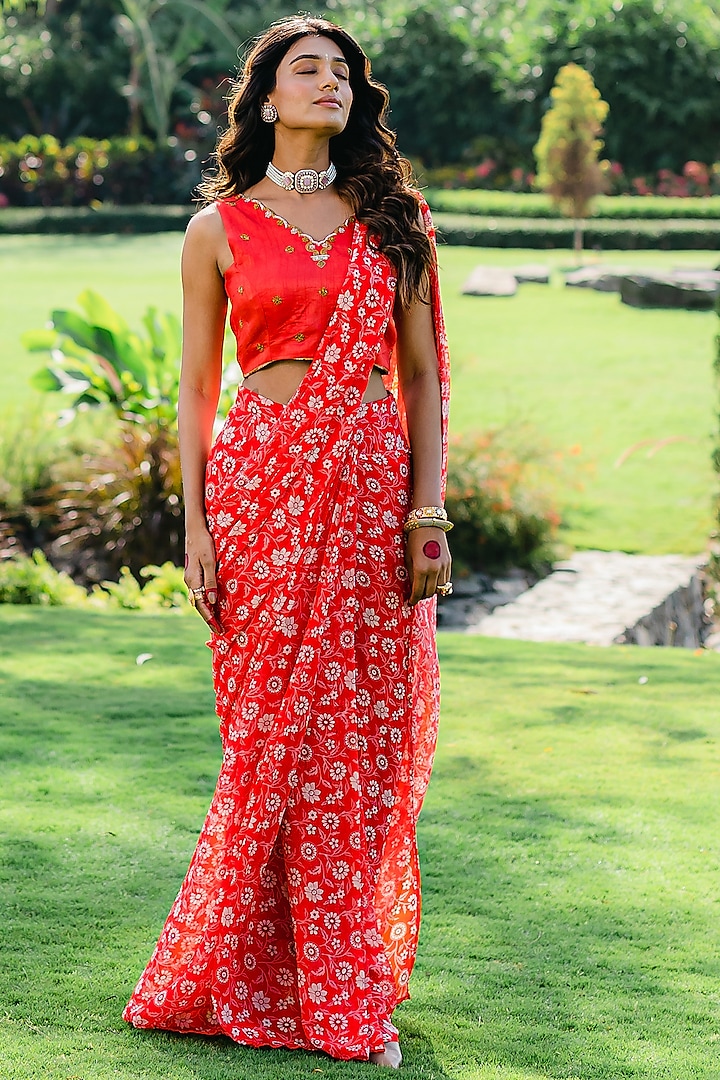 Cherry Red Georgette Printed Pre-Stitched Saree Set by REDPINE DESIGNS