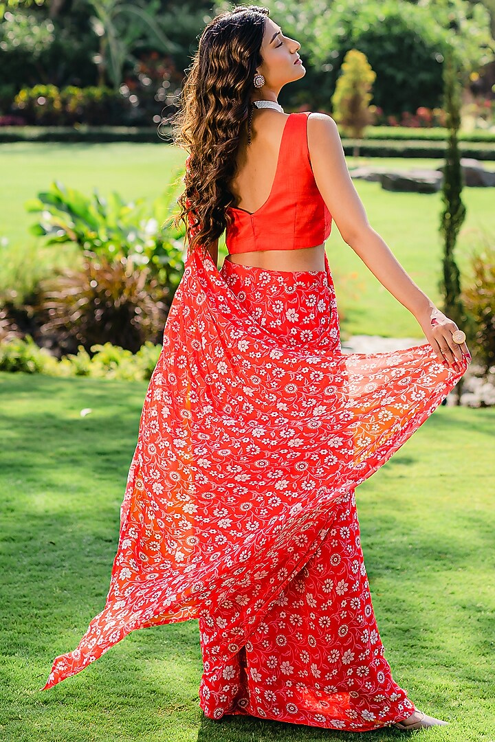 Cherry Red Georgette Printed Pre-Stitched Party Wear Saree Set by REDPINE DESIGNS at Pernia's Pop Up Shop