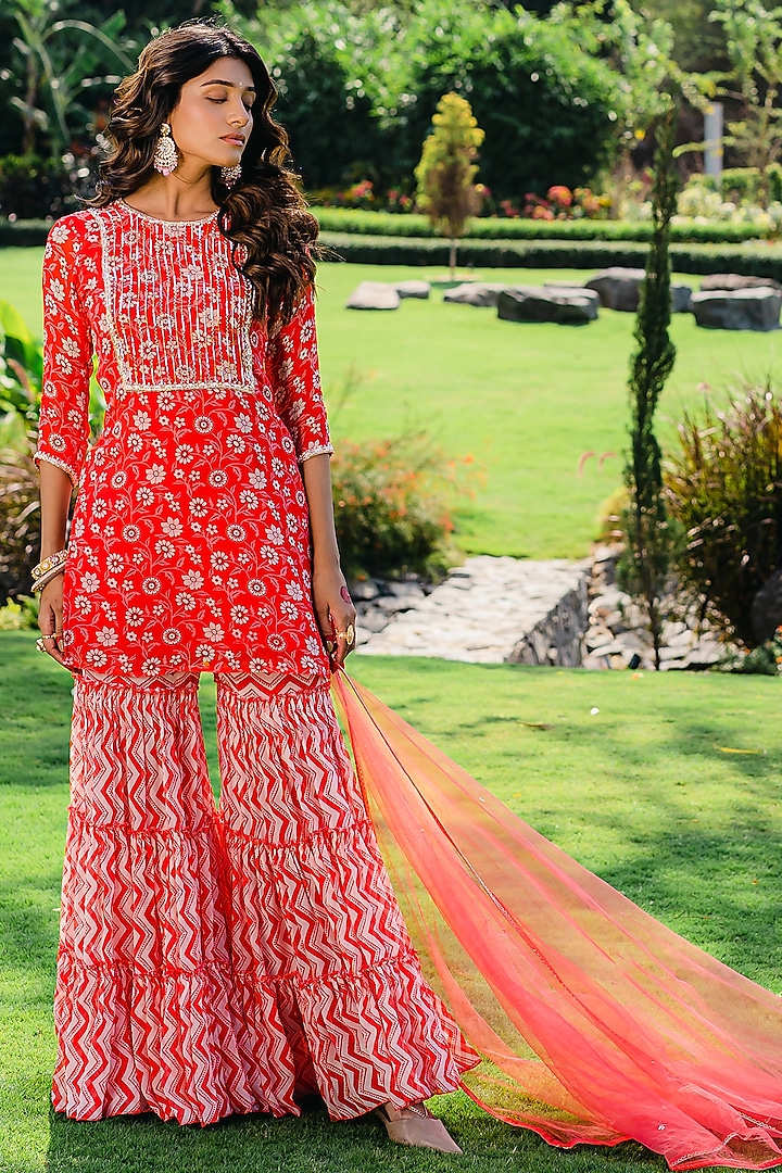 Cherry Red Georgette Printed Sharara Set by REDPINE DESIGNS