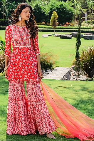 Cherry Red Georgette Printed Sharara Set by REDPINE DESIGNS