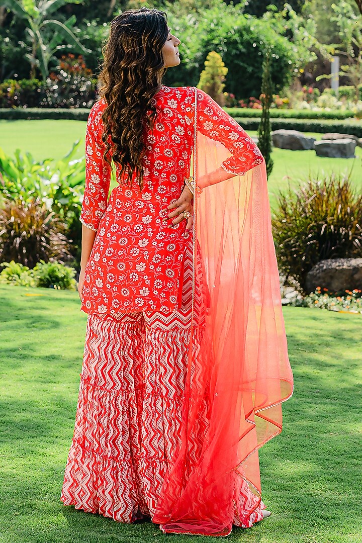 Cherry Red Georgette Printed Party Wear Sharara Set by REDPINE DESIGNS at Pernia's Pop Up Shop