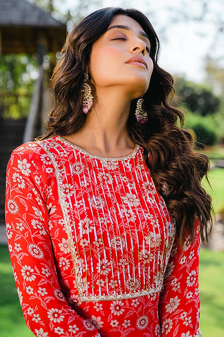 Cherry Red Georgette Printed Party Wear Sharara Set by REDPINE DESIGNS at Pernia's Pop Up Shop