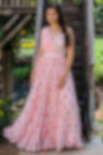 Blush Pink Georgette Printed & Hand Embroidered Gown by REDPINE DESIGNS