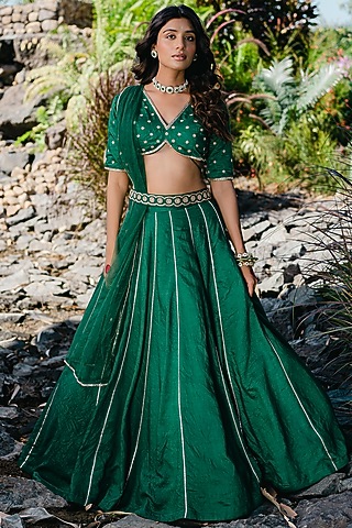 Emerald Green Chanderi Hand Embroidered Lehenga Set by REDPINE DESIGNS