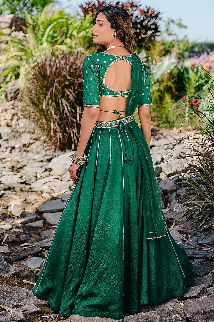Emerald Green Chanderi Hand Embroidered Wedding Lehenga Set by REDPINE DESIGNS at Pernia's Pop Up Shop