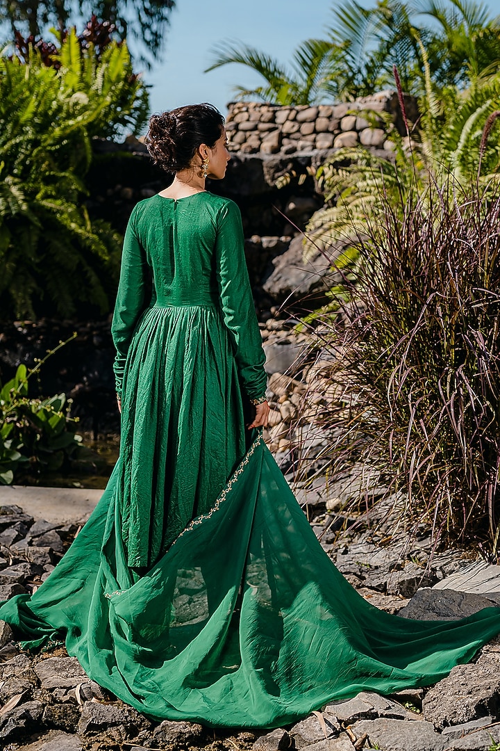 Emerald Green Chanderi Hand Embroidered Party Wear Anarkali Set by REDPINE DESIGNS at Pernia's Pop Up Shop