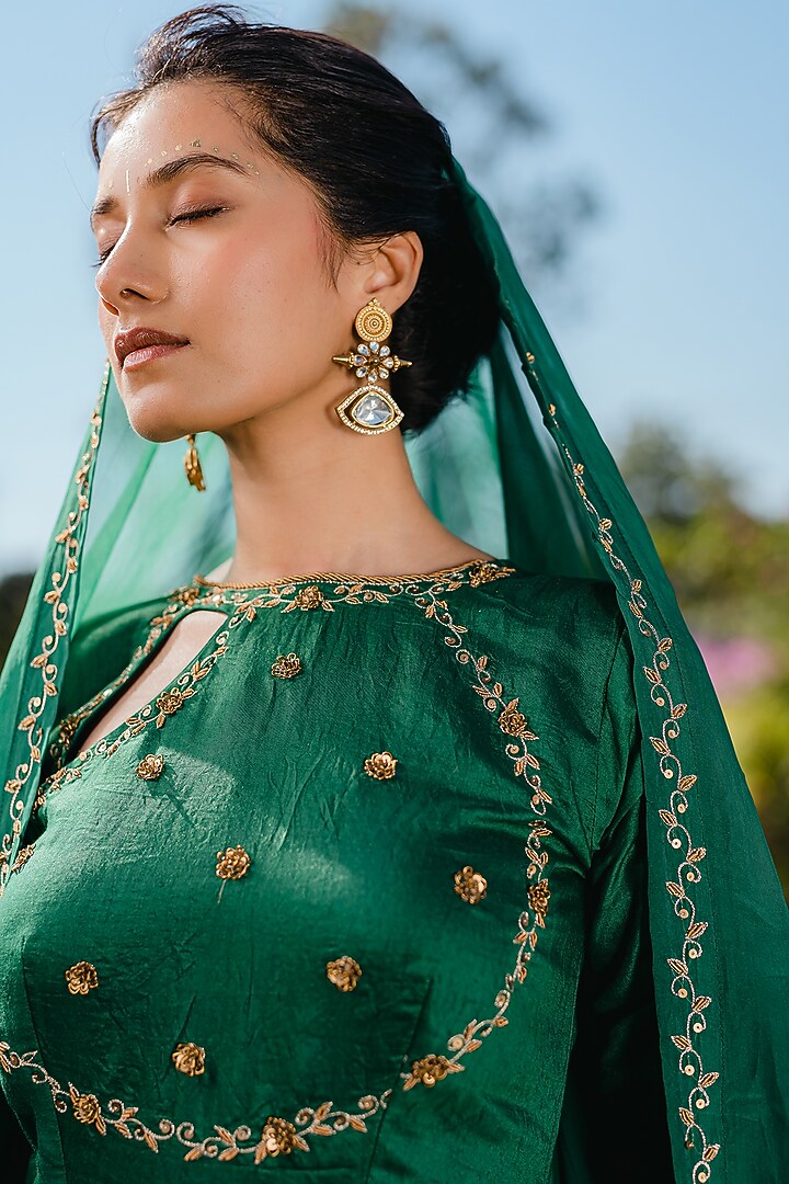 Emerald Green Chanderi Hand Embroidered Party Wear Anarkali Set by REDPINE DESIGNS at Pernia's Pop Up Shop
