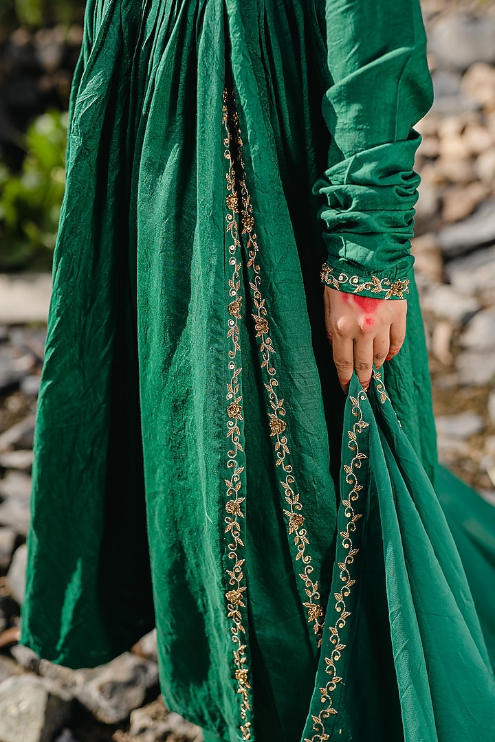 Emerald Green Chanderi Hand Embroidered Party Wear Anarkali Set by REDPINE DESIGNS at Pernia's Pop Up Shop