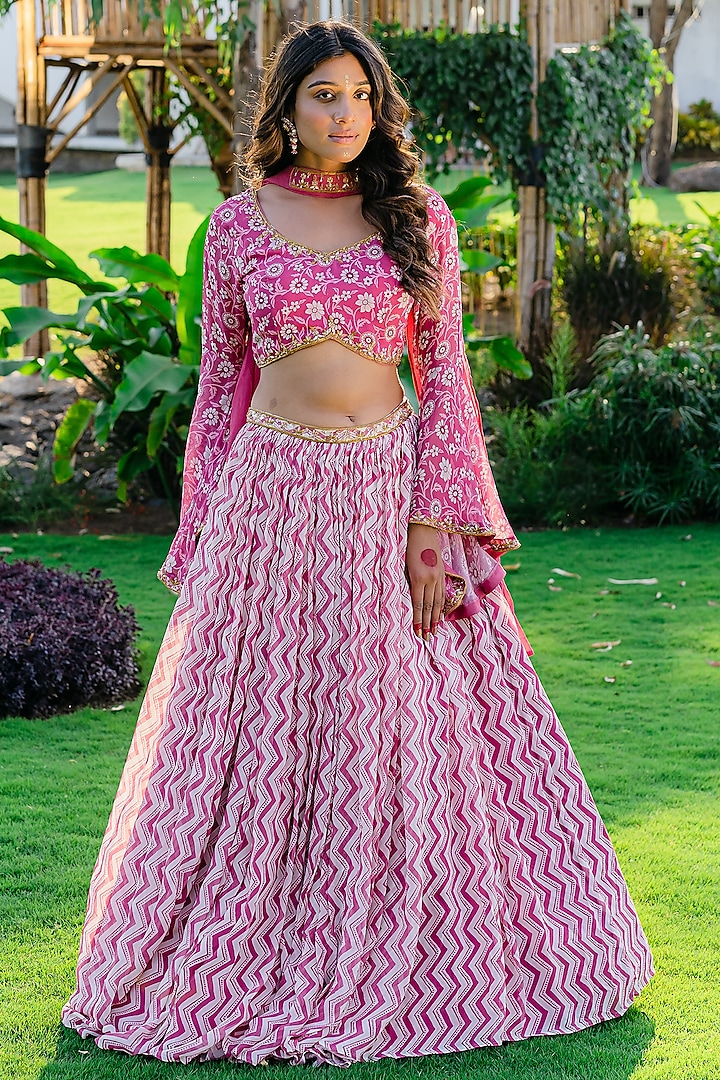 Mauve Georgette Printed Lehenga Set by REDPINE DESIGNS