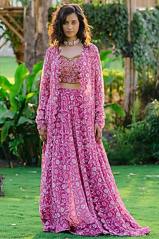 Mauve Georgette Printed Jacket Set by REDPINE DESIGNS
