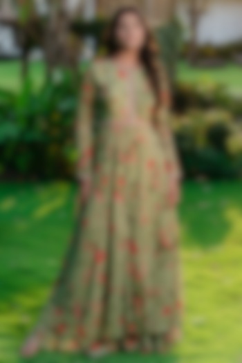 Pista Green Georgette Printed & Embroidered Anarkali Set by REDPINE DESIGNS at Pernia's Pop Up Shop