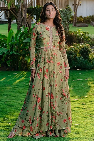 Pista Green Georgette Printed & Embroidered Anarkali Set by REDPINE DESIGNS