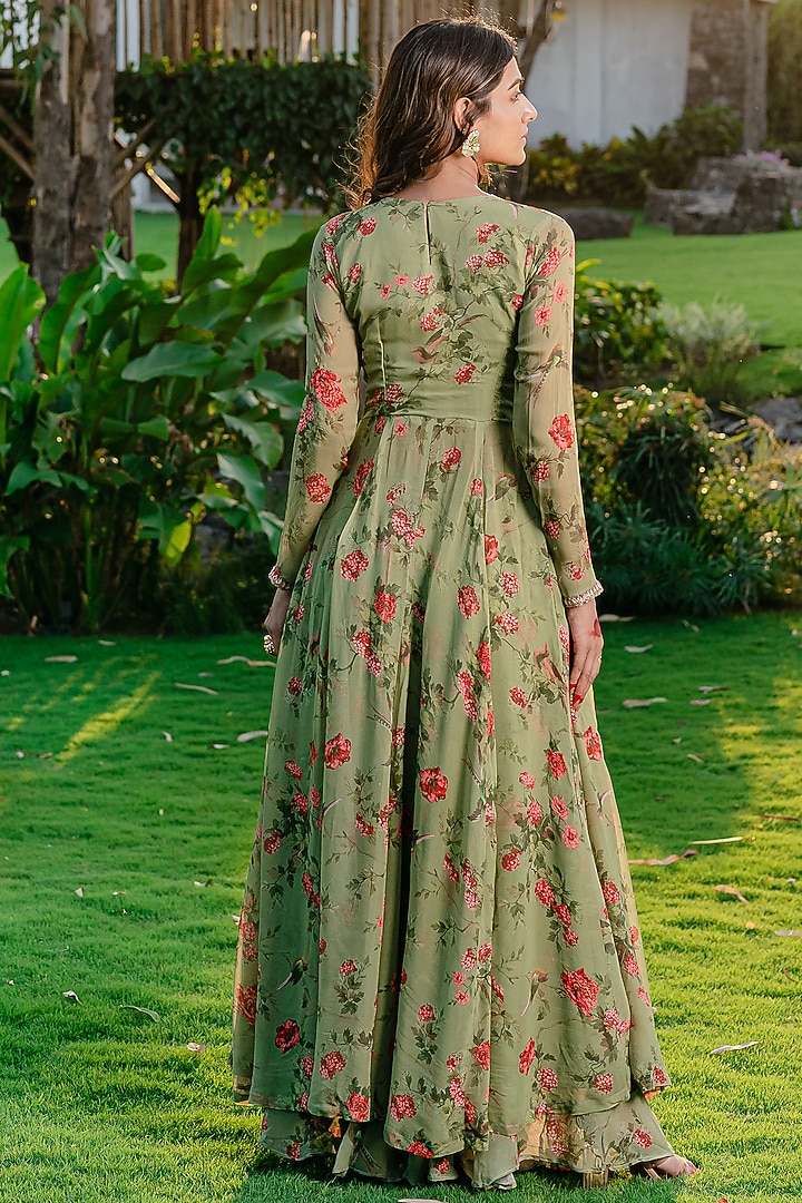 Pista Green Georgette Printed & Embroidered Party Wear Anarkali Set by REDPINE DESIGNS at Pernia's Pop Up Shop