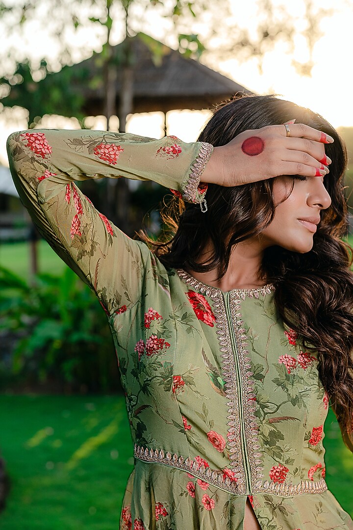 Pista Green Georgette Printed & Embroidered Party Wear Anarkali Set by REDPINE DESIGNS at Pernia's Pop Up Shop