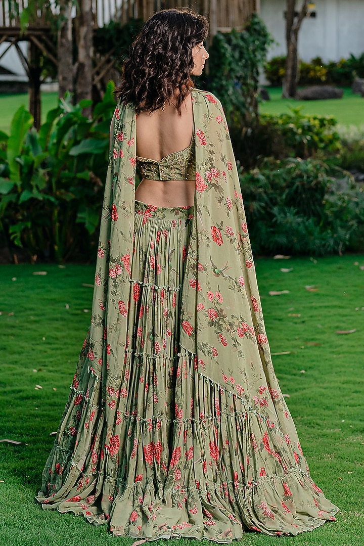 Pista Green Georgette Printed Wedding Lehenga Set by REDPINE DESIGNS at Pernia's Pop Up Shop