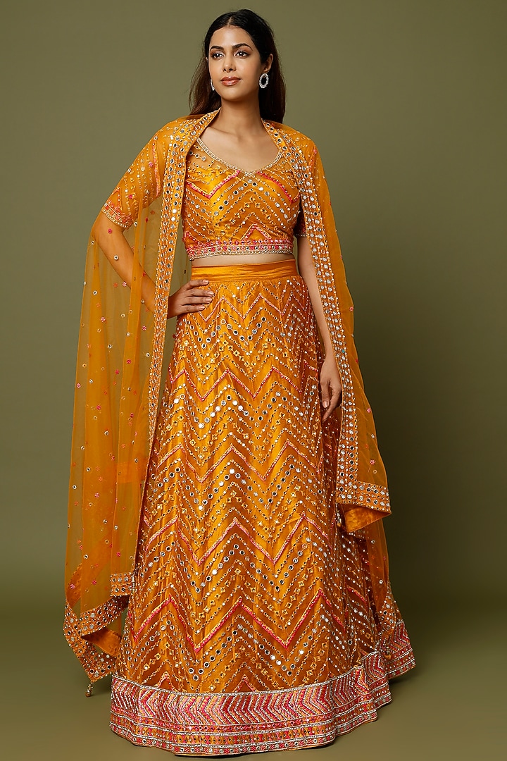 Mustard Yellow Embroidered Lehenga Set by REDPINE DESIGNS at Pernia's Pop Up Shop