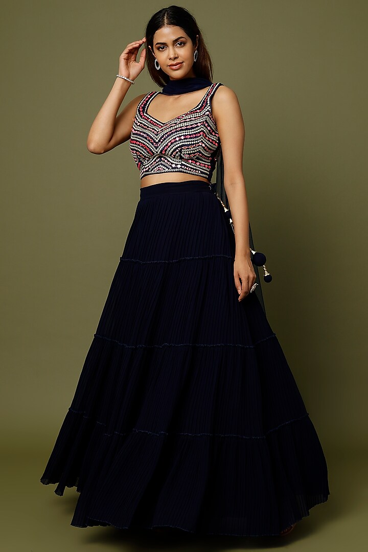 Navy Blue Mirror Embroidered Lehenga Set by REDPINE DESIGNS