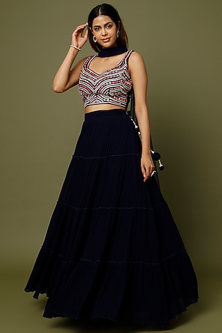 Navy Blue Mirror Embroidered Lehenga Set by REDPINE DESIGNS