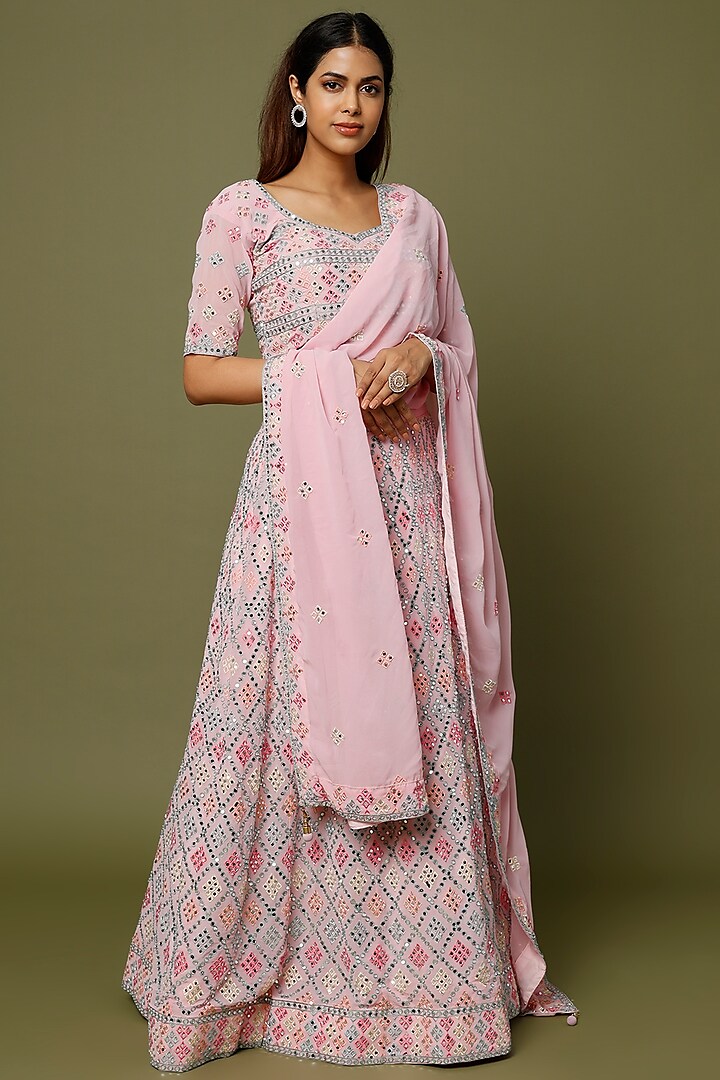 Light Pink Embroidered Lehenga Set by REDPINE DESIGNS