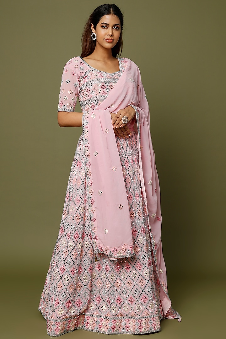 Light Pink Embroidered Lehenga Set by REDPINE DESIGNS at Pernia's Pop Up Shop