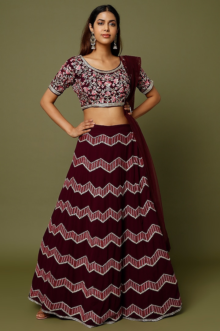 Wine Embroidered Lehenga Set by REDPINE DESIGNS