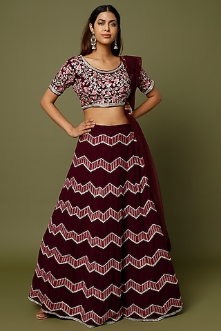 Wine Embroidered Lehenga Set by REDPINE DESIGNS