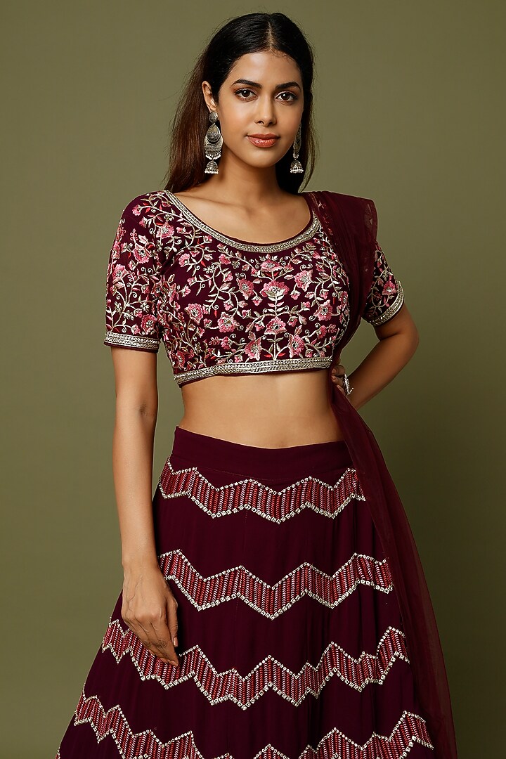 Wine Embroidered Lehenga Set by REDPINE DESIGNS at Pernia's Pop Up Shop