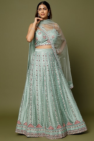 Ice Blue Embroidered Lehenga Set by REDPINE DESIGNS