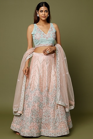 Blush Pink Embroidered Lehenga Set by REDPINE DESIGNS