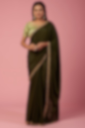 Olive Green Crepe Sequins Work Festive Saree Set by REDPINE DESIGNS at Pernia's Pop Up Shop