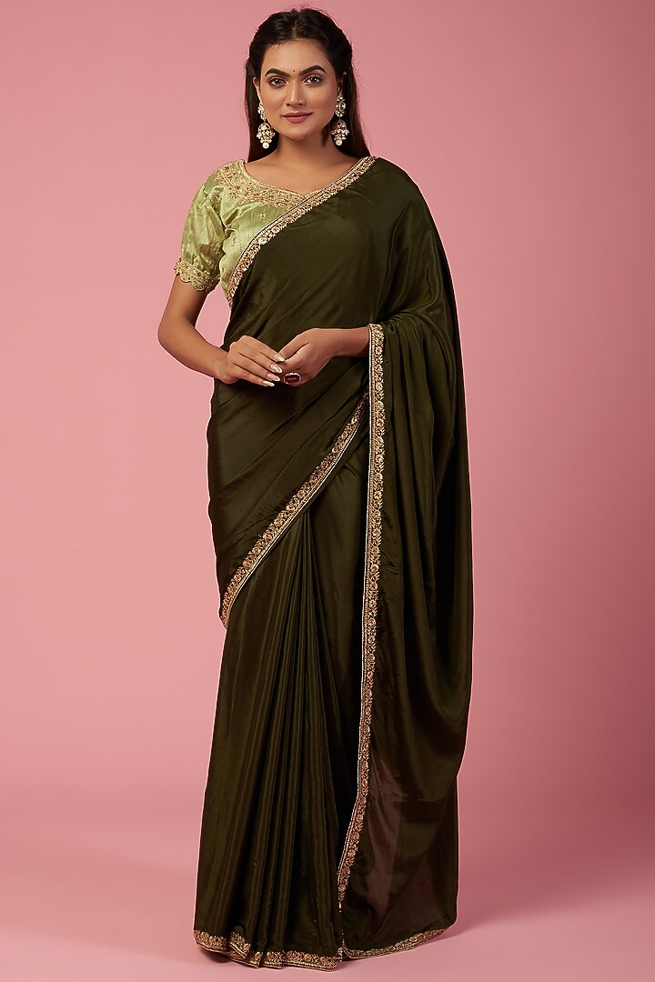 Olive Green Crepe Sequins Work Festive Saree Set by REDPINE DESIGNS at Pernia's Pop Up Shop