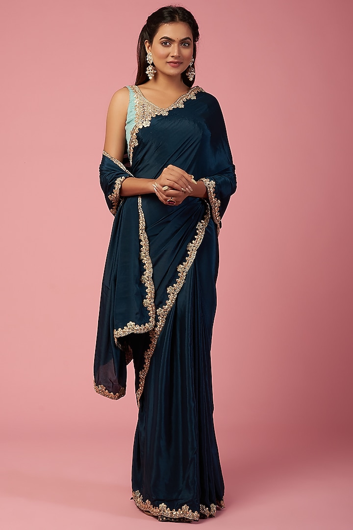 Peacock Blue Embellished Saree Set by REDPINE DESIGNS