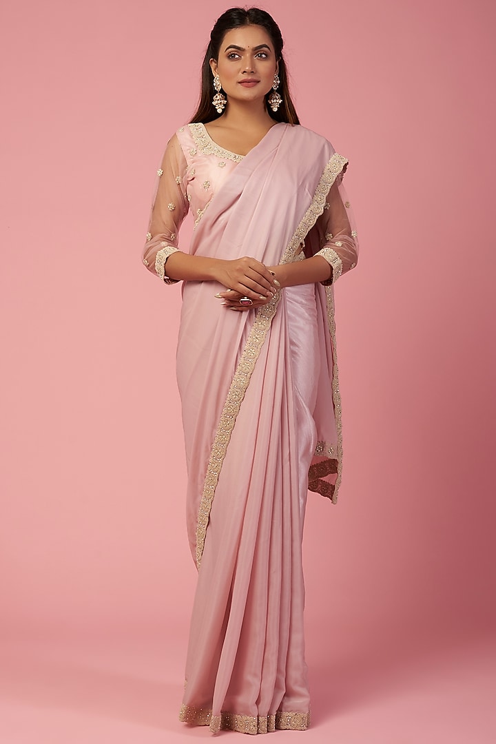 Lilac Embroidered Saree Set by REDPINE DESIGNS
