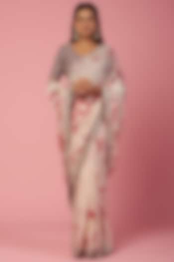 White & Cherry Red Shibori Printed Party Wear Saree Set by REDPINE DESIGNS at Pernia's Pop Up Shop