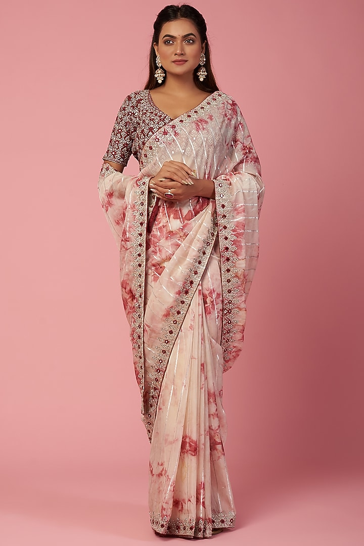 White & Cherry Red Shibori Printed Party Wear Saree Set by REDPINE DESIGNS at Pernia's Pop Up Shop
