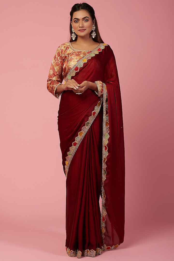 Maroon Embellished Saree Set by REDPINE DESIGNS
