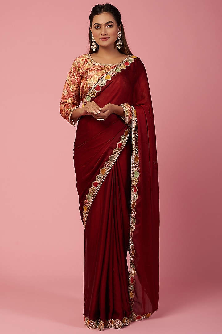 Maroon Embellished Saree Set by REDPINE DESIGNS at Pernia's Pop Up Shop