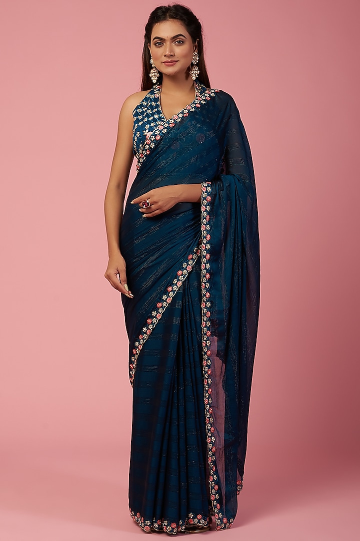 Peacock Blue Saree Set With Embroidery by REDPINE DESIGNS