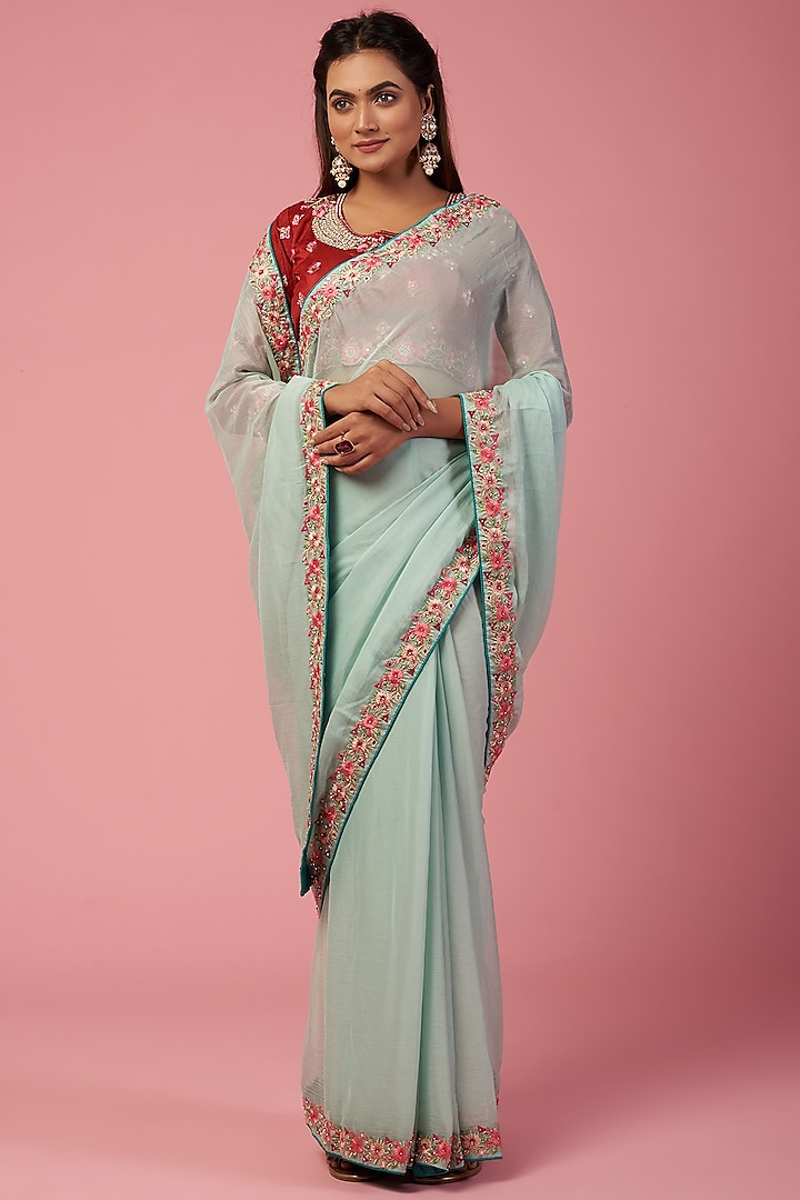 Sky Blue Embellished Saree Set by REDPINE DESIGNS at Pernia's Pop Up Shop