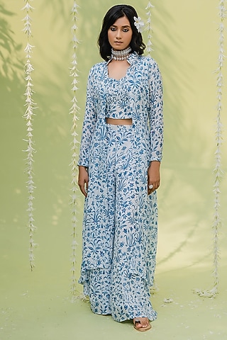 Teal Blue Printed Cape Set by REDPINE DESIGNS