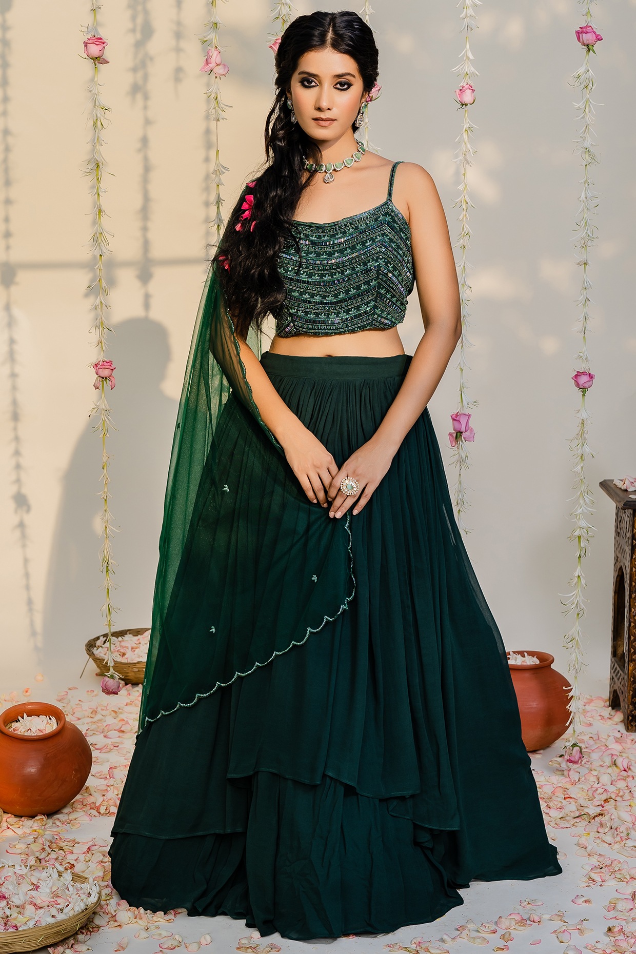 Buy Green Mirror Work Net Lehenga Choli online At Zeel Clothing