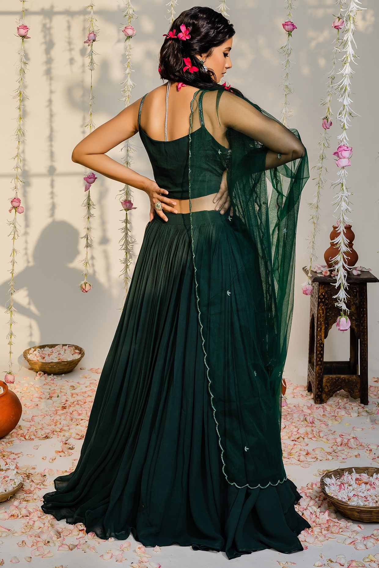 Shop Bottle Green Georgette Sequins Embroidered Umbrella Lehenga Party Wear  Online at Best Price | Cbazaar