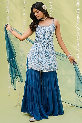 Teal Blue Crepe Silk Sharara Set by REDPINE DESIGNS