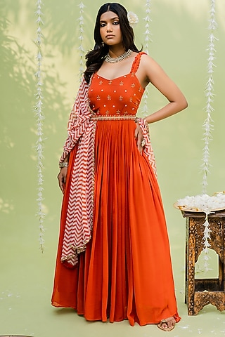 Orange Embroidered Anarkali Set by REDPINE DESIGNS