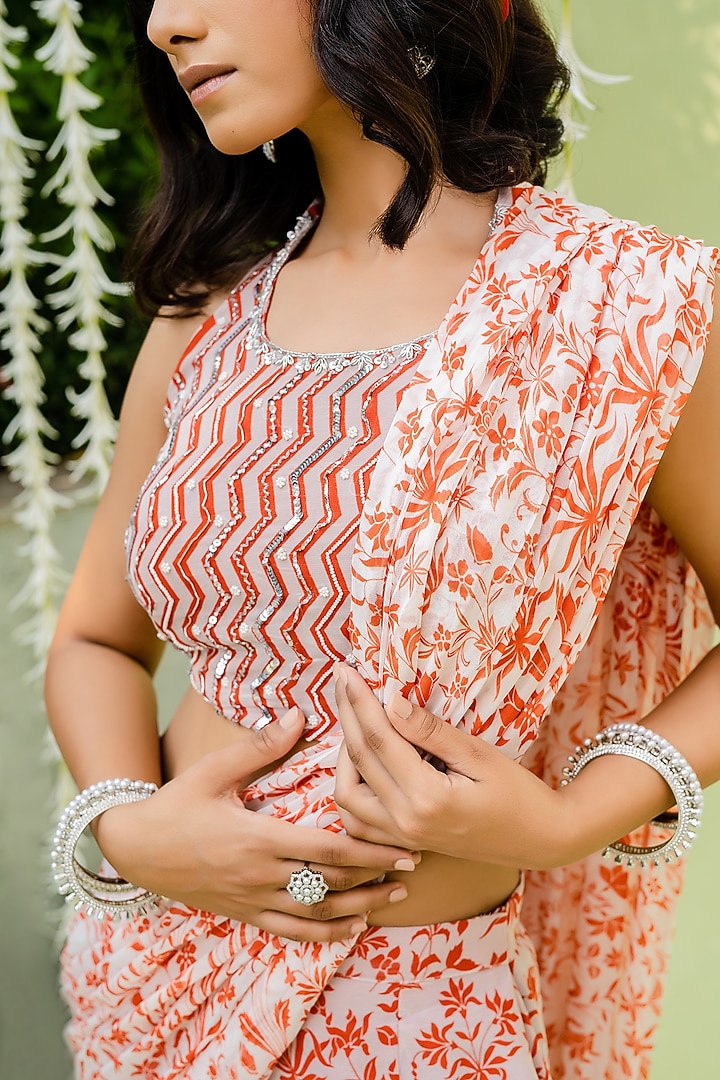 Red & Orange Printed Sharara Party Wear Saree Set by REDPINE DESIGNS at Pernia's Pop Up Shop