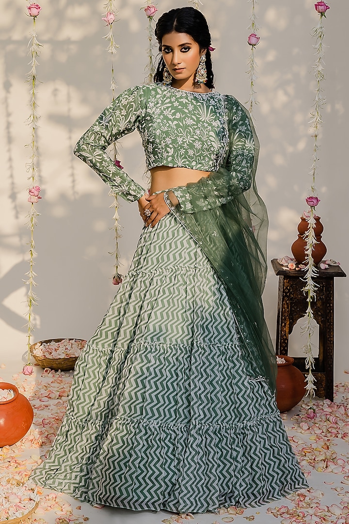 Olive Green Embroidered Lehenga Set by REDPINE DESIGNS